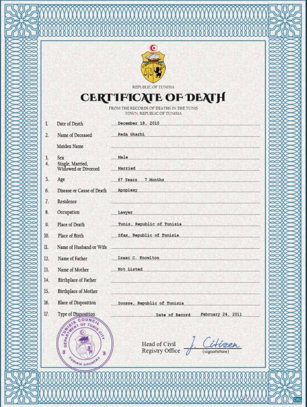 Download Tunisia vital record death certificate PSD template Photoshop template